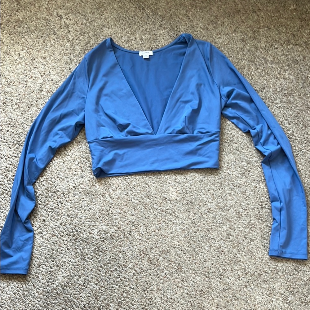 Garage Blue Long Sleeve Fitted Crop Blouse
